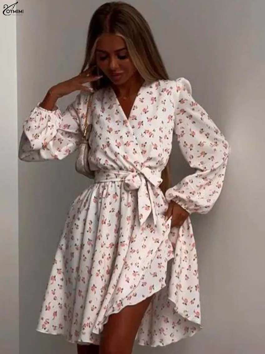 Oymimi แฟชั่นสีขาวพิมพ์ชุดสตรี Elegant V คอยาวแขนยาว LACE-Up ชุดเดรสฤดูใบไม้ร่วงสบายๆมินิชุด streetwear