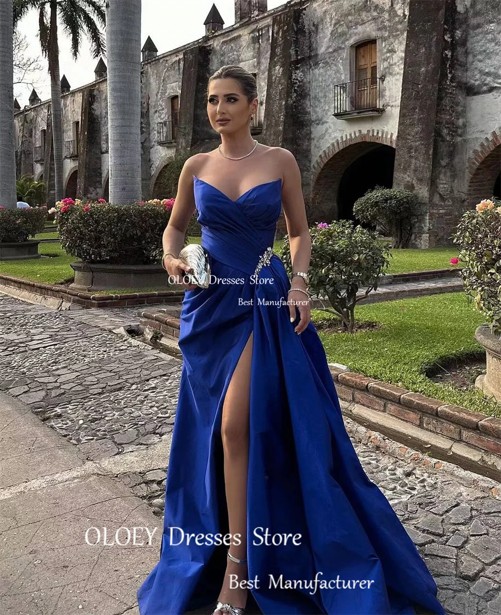 Oloey sexy dunkelblau Satin asymmetrisch träger los Abendkleid Kleid Seite hoch geschlitzt Sweep Zug ärmellose Korsett zurück Ballkleider