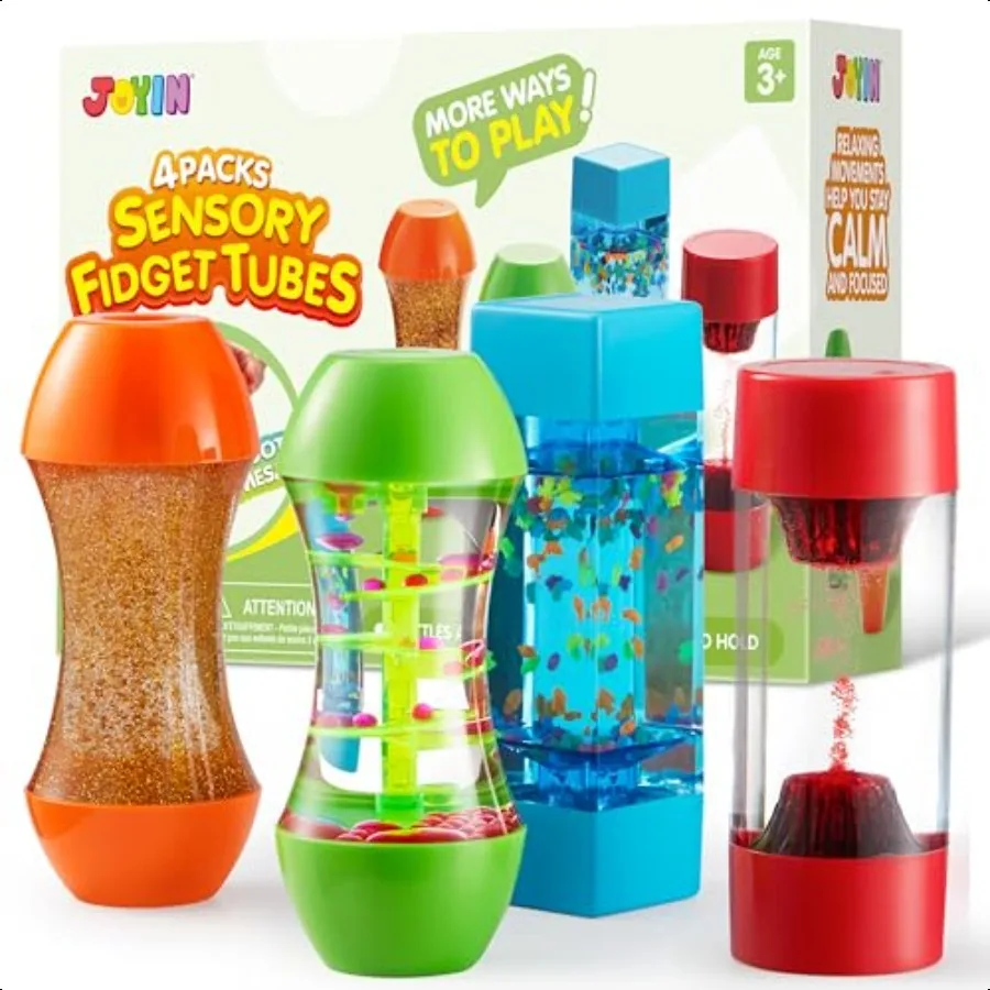 JOYIN ชุดหลอดบีบเล่น 4 ชิ้น สำหรับหลอดสัมผัสประสาทสัมผัส ของเล่นบรรเทาความเครียด วัสดุบำบัดการพูด ของเล่นช่วยผ่อนคลายสำหรับเด็กออทิสติก ช่วยให้สงบลง
