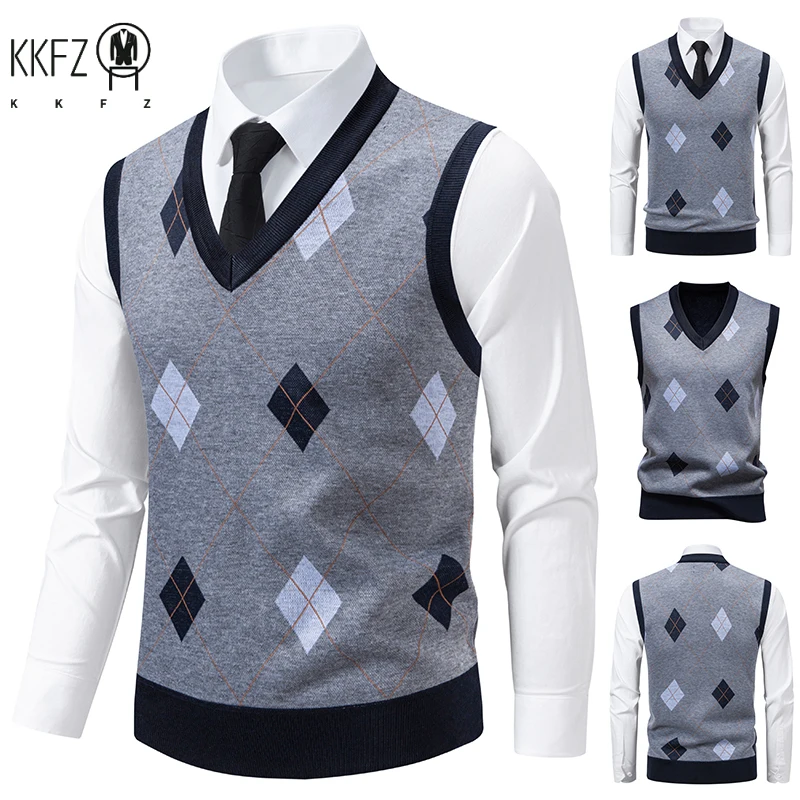 

Men's V-Neck Knitted Sweater Diamond Grid Twisted Flower Casual Fashion Versatile Knit Top Autumn Winter
