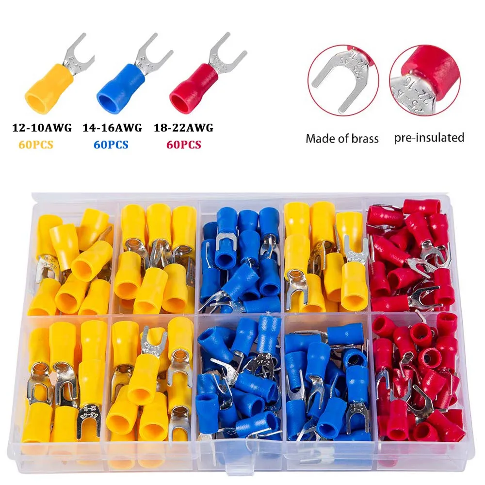 

180 Pcs Insulated Fork Spade U-Type Wire Connector Electrical Crimp Terminal Assortment Kit ( 22-16 16-14 12-10 AWG )