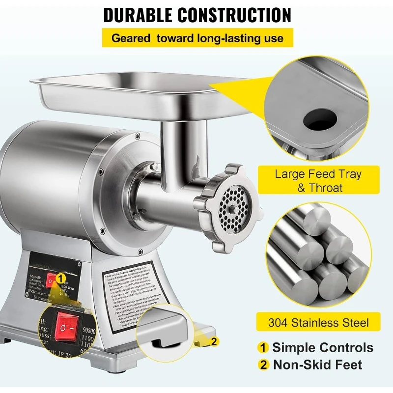 Moedor de carne comercial, 550LB/h 1100W, 220 RPM picador de carne industrial de aço inoxidável resistente com 2 lâminas, placas de moagem