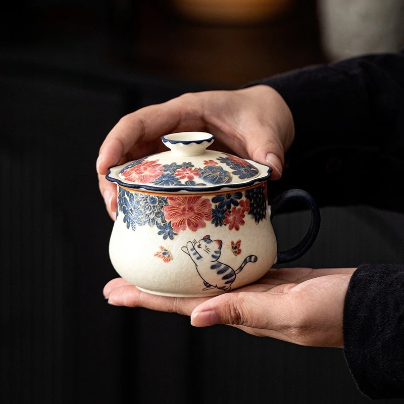 PYH kitten smells fragrant Fulu tea coffee cup rock mine white ceramic tea separation tea cup office cup mug
