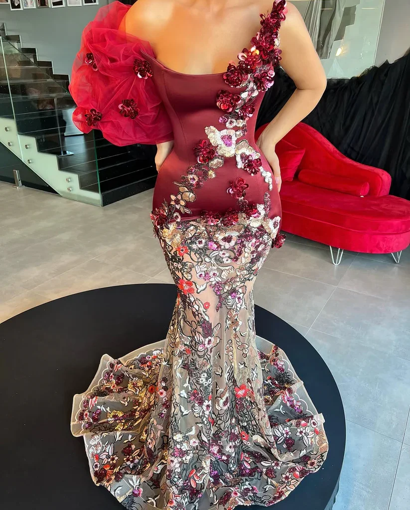Burgundy Prom Dresses Haute Couture Mermaid Floral Lace Saudi Arabia Dubai Robe De Soiree Evening Dress Gown Customized