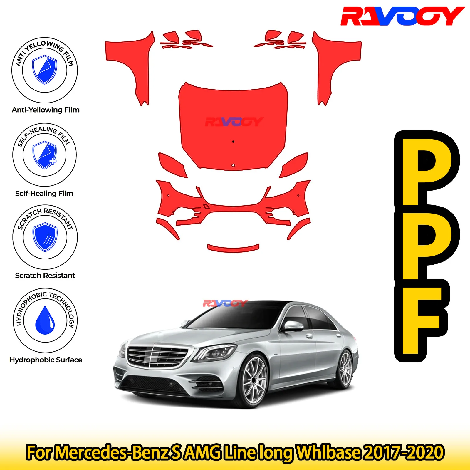 

For Mercedes-Benz S AMG Line long Whlbase 2017-2020 Glossy Matte Black Precut front PPF Kit Paint Protection Film