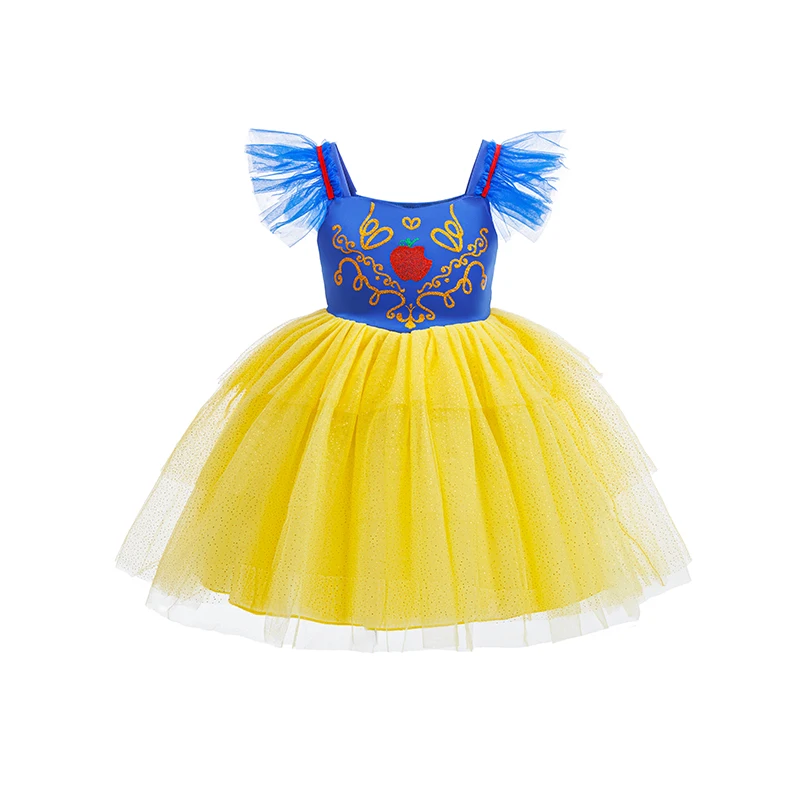 

Blue and Yellow Color Matching Sleeveless Mesh Dress Layered Lace Trim Solid Color Girls Princess Dress Halloween Dress Up