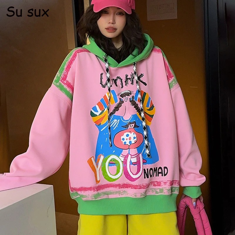女性用フード付きスウェットシャツ,漫画プリント,特大,カジュアル,ルーズフィット,バスト142cm,y2k,春,秋,2025