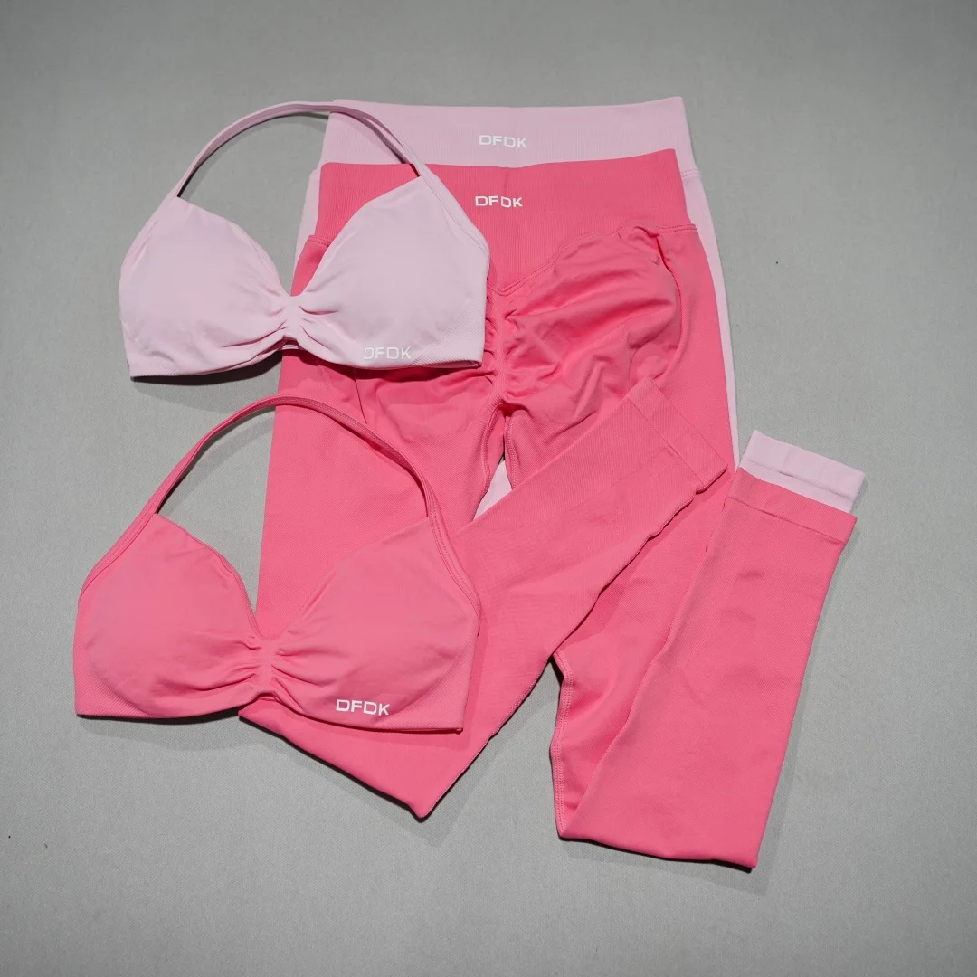 DFDK Women 2Pcs Workout Suit Yoga Sports Underwear Slim Fitness Leggings Cycling Running Clothes Breathable Seamless Sportswear
