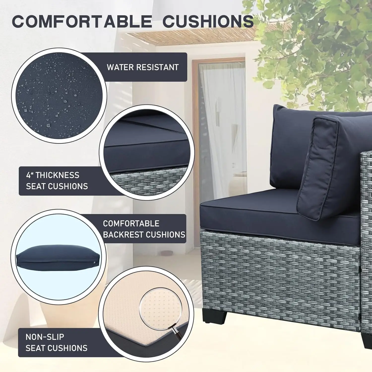 Rattan Sofá secional com almofada lavável, Mobiliário Pátio Set, Outdoor PE Wicker Conversação Sofá, Mesa de café, 5 pcs