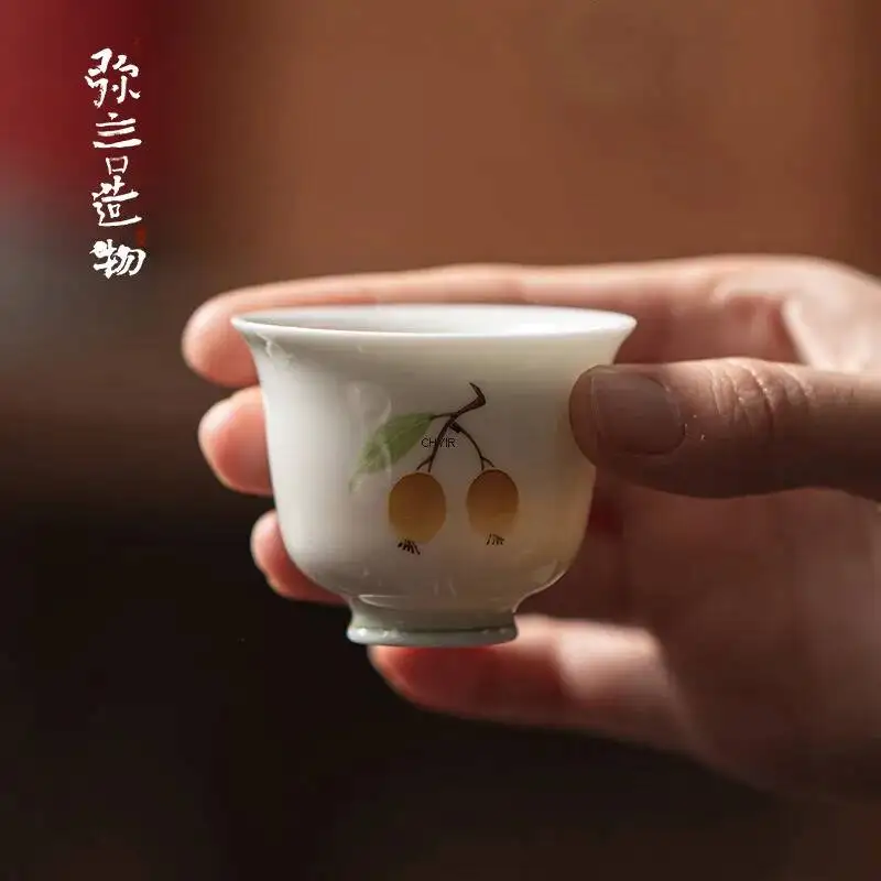 White Porcelain Hand-painted Loquat Tea Cup, Handmade Ceramic Thin-walled Master Cup Tea Cup Aroma Cup Чайная чашка