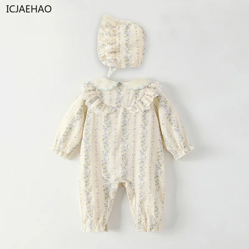 ICJAEHAO 2024 Baby Girl Clothes Matching Autumn Fresh Style Floral Doll Collar Western Jumpsuit Climbing Outfit for Going Out