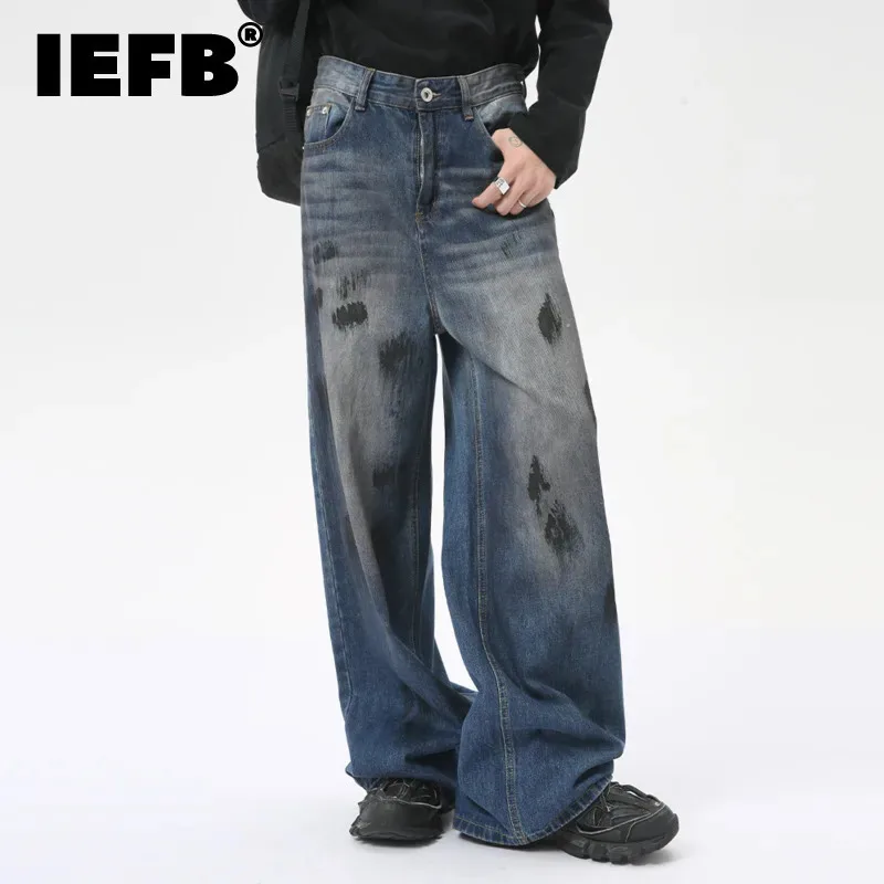 

IEFB High Street Men's Denim Pants Loose Splash Ink Design Wide Leg Jeans Straight Casual Male Trousers New Tide 2024 9C6284