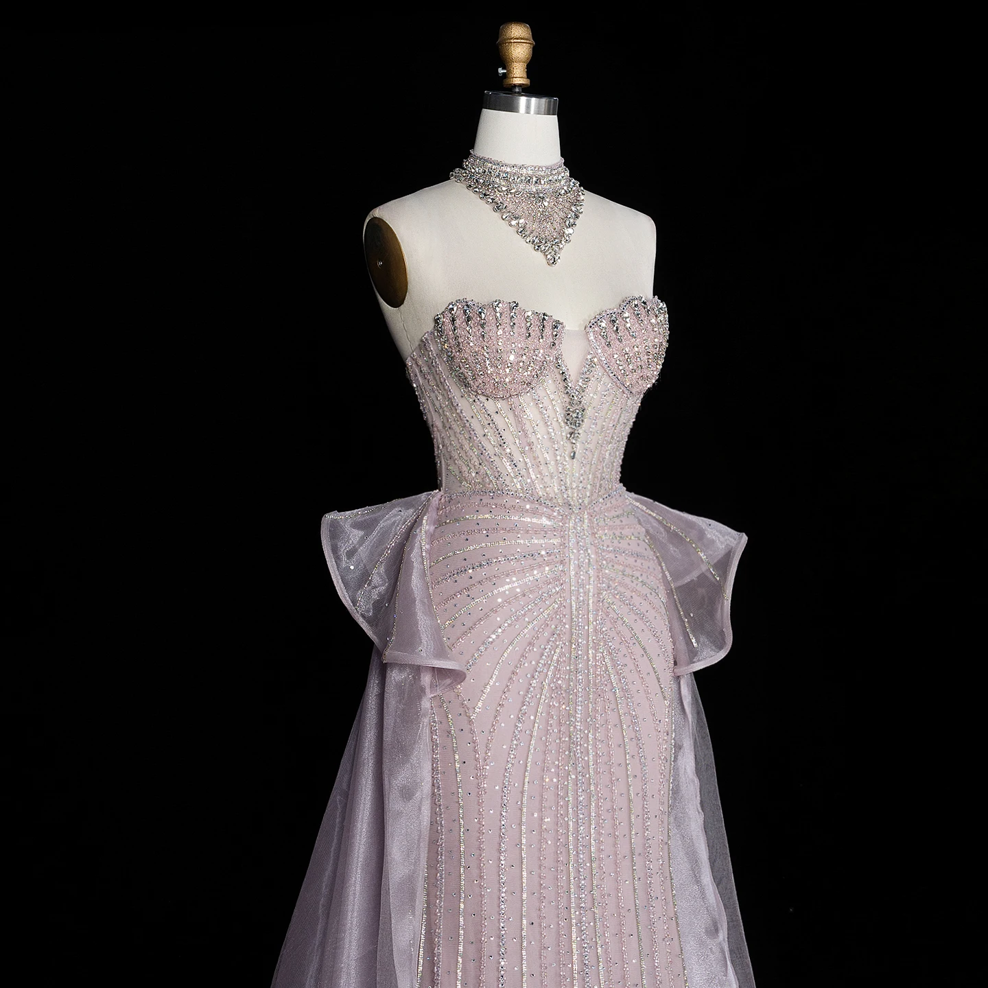 Sharon Said Abendkleid Luxuriöses Meerjungfrauenkleid aus Tüll mit Kristallen, Korsett und Perlen, Dubai Formelles Hochzeitskleid mit Überrock SS139 Maßanfertigung – Detail 10