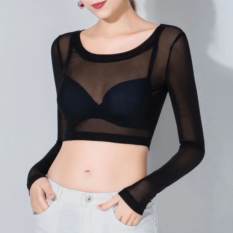 Women\'s Mesh Crop Top Long Sleeve Black See-through Sheer Shirts for Club Party Night Sexy Slim Fitted Transparent Net Top White