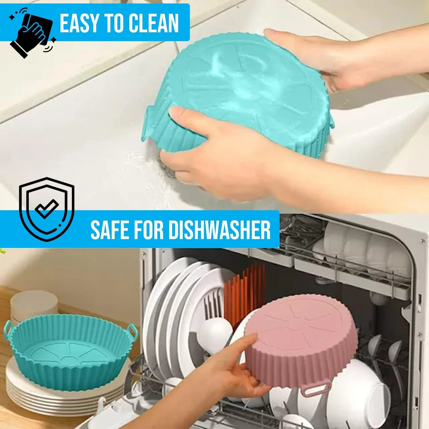 Pack of 2, 8 Inch Silicone Air Fryer Liners, Upto 450° Heat Resistant with Handles for Easy Carry, Reusable Silicone Air Fryer