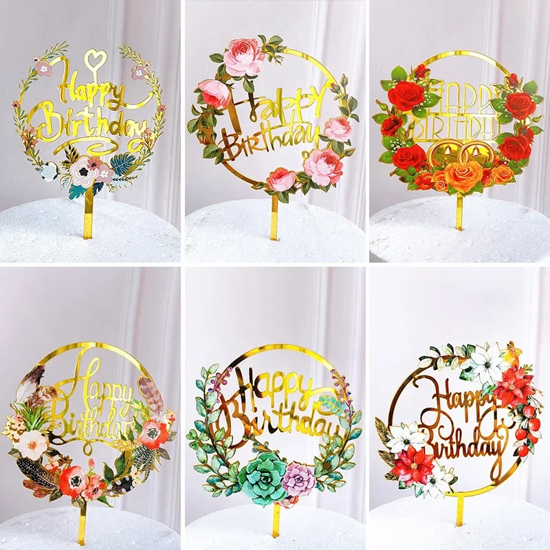 New Flowers Happy Birthday Cake Topper Gold Colored Printing Acrylic Cake Topper For Kids Girls Birthday Party Cake Decorations