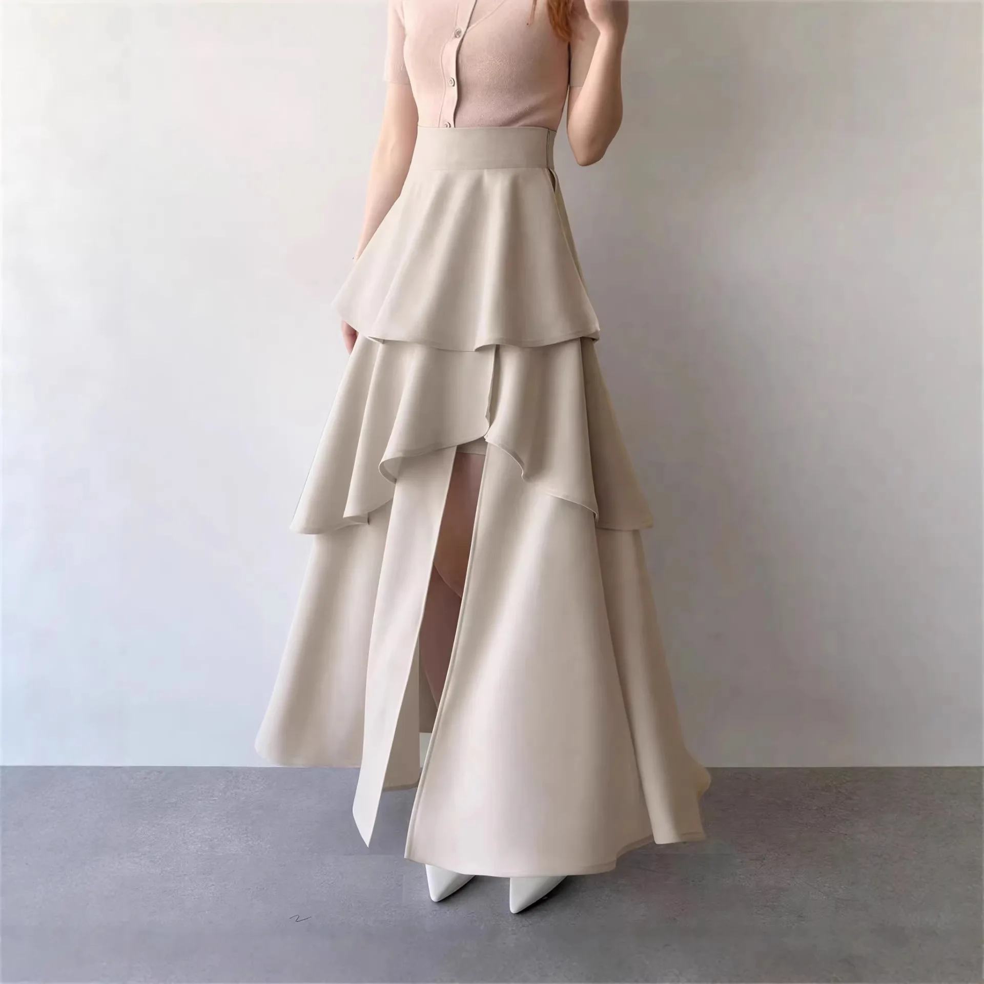 Asymmetric High Slit Long A-Line Skirt Heavy Work Layered Polyester Fabric Ladies High Waist Skirt Fashion Summer Dress
