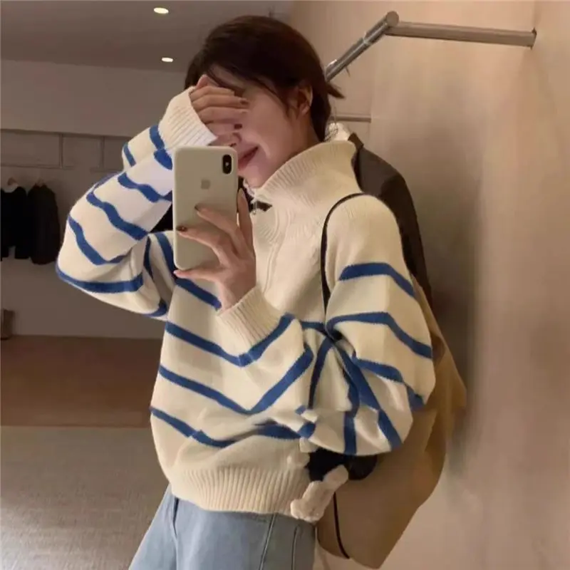 Casual sle outono lã camisola de malha solta zíper gola listrado macio aconchegante camisola pulôver de tartaruga feminina