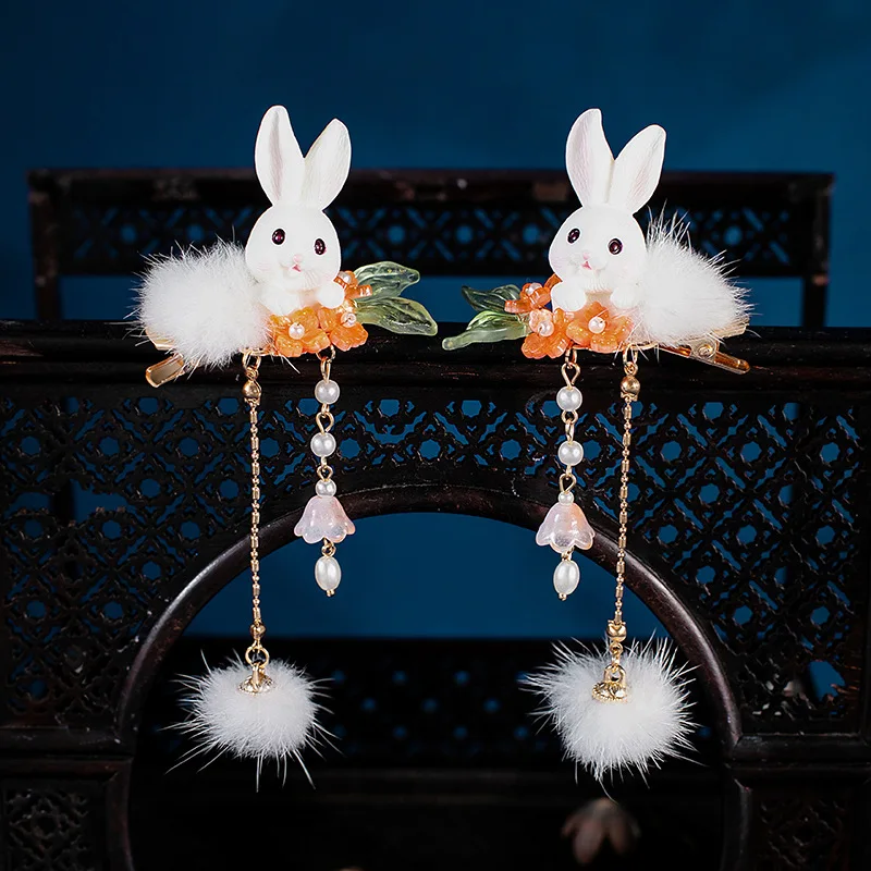 2Pcs Plush Rabbit Hairpin Chinese Style Tassel Antique Hanfu Costume Rabbit Ears Pearls Hair Clips Lovely Hair Accessories