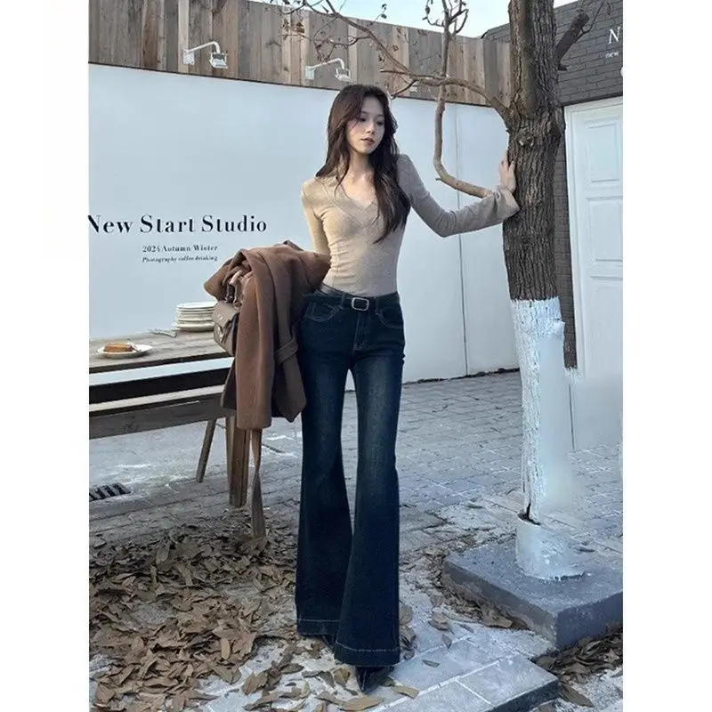 American Low-rise Slim-fit Elastic Micro-horn Dark Blue Autumn Winter Versatile Temperament Commuter Horseshoe Pure Desire Pants