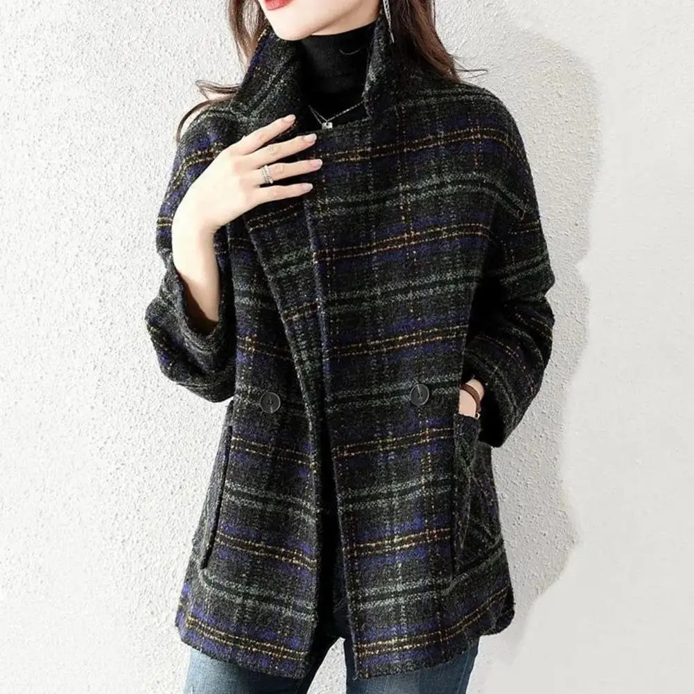 

Women Outerwear Elegant Plaid Print Women's Coat with Turn-down Collar Retro Cardigan Style for Fall Winter Fashion Women Winter