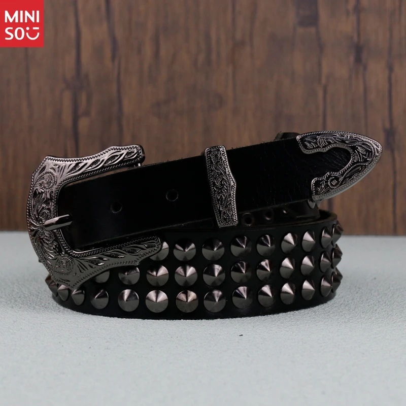 

Miniso Genuine Leather Men's Belt with Punk Spike Buckle, Hip-Hop Style Rugged Waistband