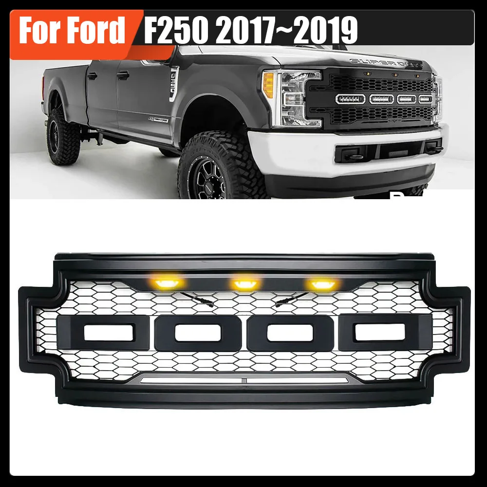 

For Ford F250 2017~2019 Car Styling Modified ABS Honeycomb Grille Front Bumper Mask Mesh Amber Led Racing Grills Upper Grid