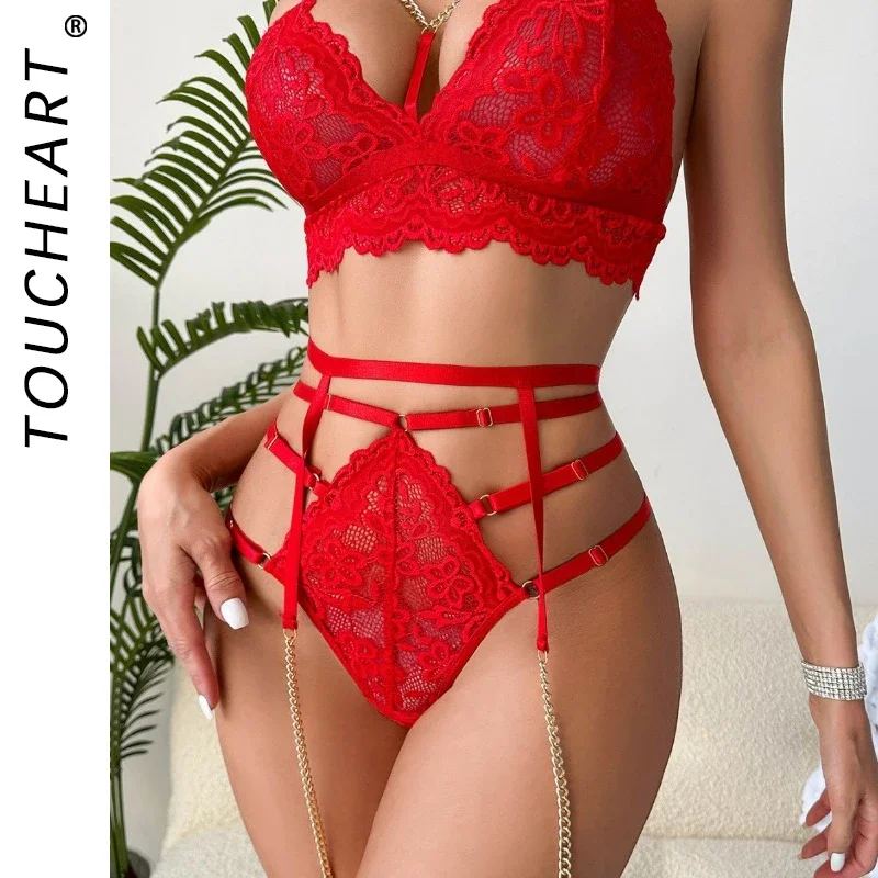 Toucheart Sexy Chain Bra Set For Women Solid Color Lace Mesh Hollow Underwear Interesting Set Sexy Chain Garter Underwear Set