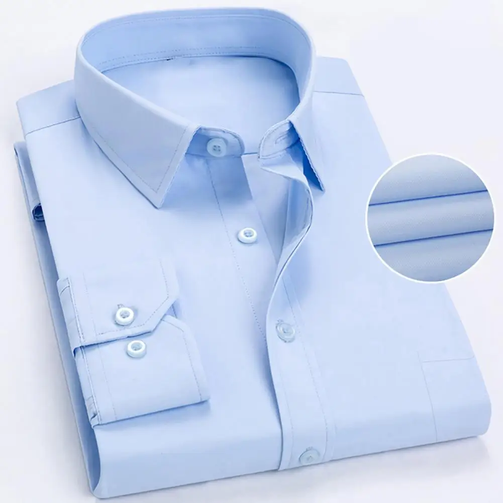 Camisa Formal con bolsillos delanteros para hombre, camisas de manga larga antiarrugas, camisas de vestir sólidas, camisas ajustadas, camisas de Negocios Sociales