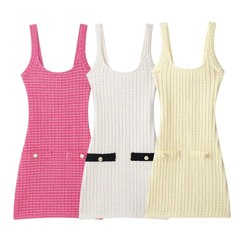 Damen-Strickkleid mit Schachbrettmuster, ärmelloses A-Linien-Midikleid mit quadratischem Ausschnitt und Perlenknöpfen, lässiges Kleid