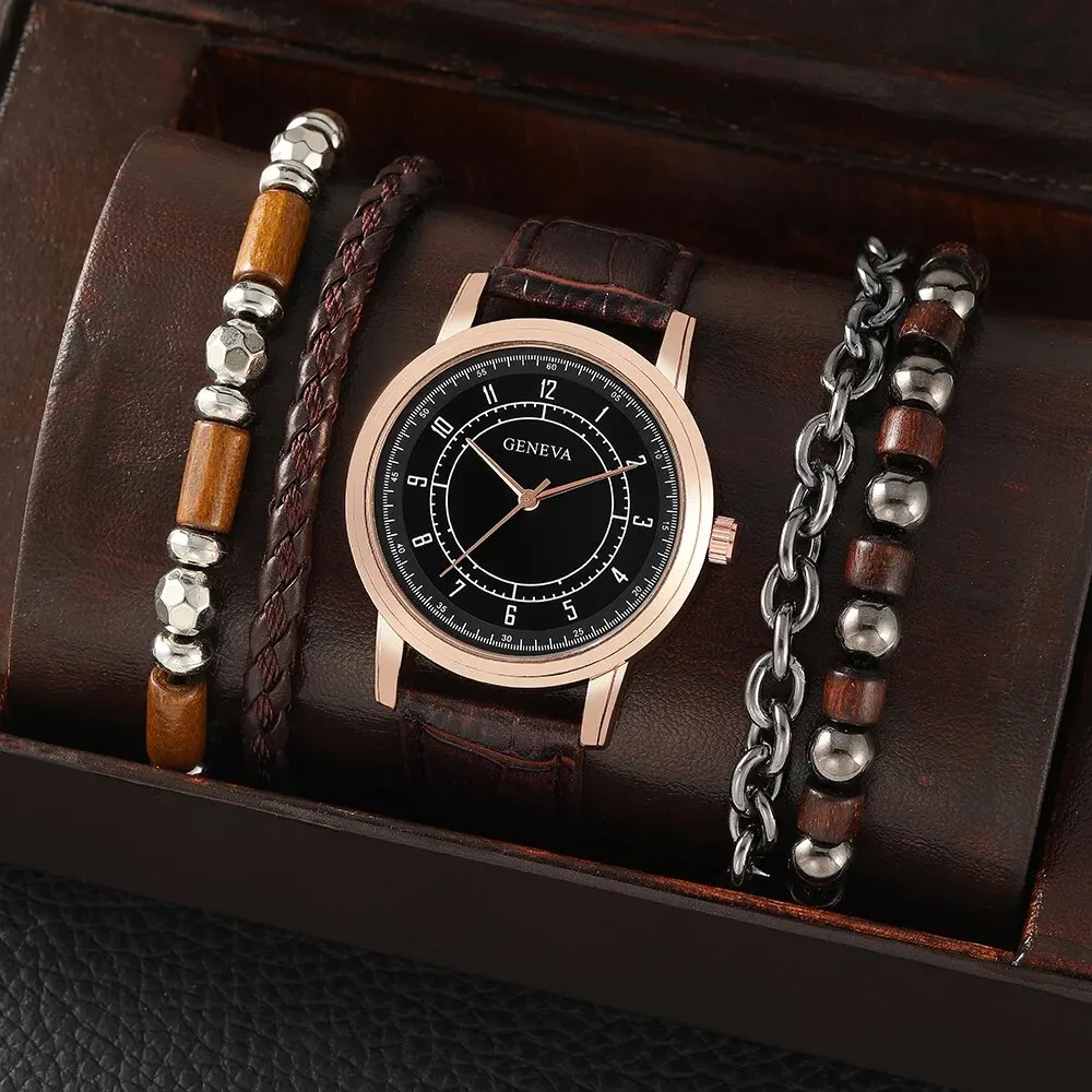 4pcs MEN'S Watch Set Leisure Business All-in-one Quartz Watch Simple Atmospheric Bracelet Watch Set