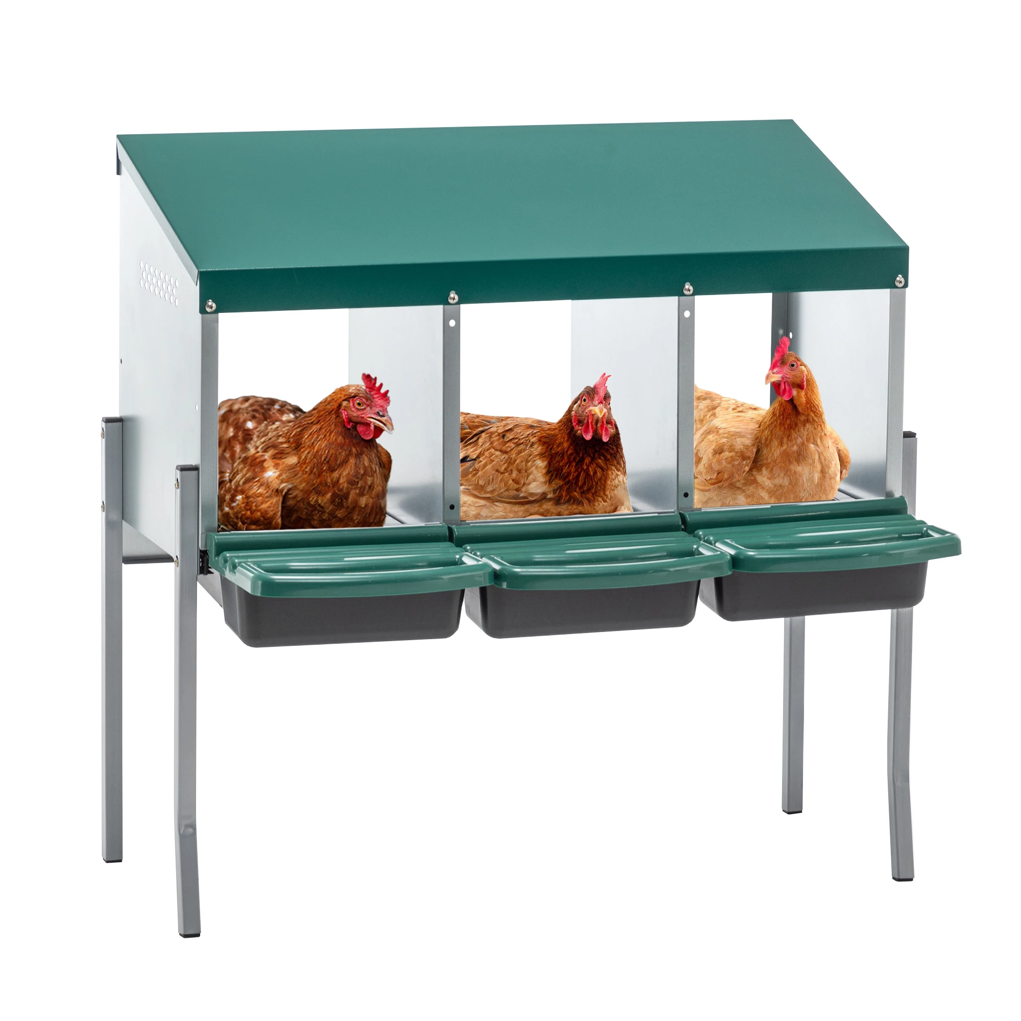3 Hole Nesting Boxes for Chickens with Legs and Lid Cover Galvanized Steel Rollaway Egg Laying Box Outdoor Farm Poultry Coop Green