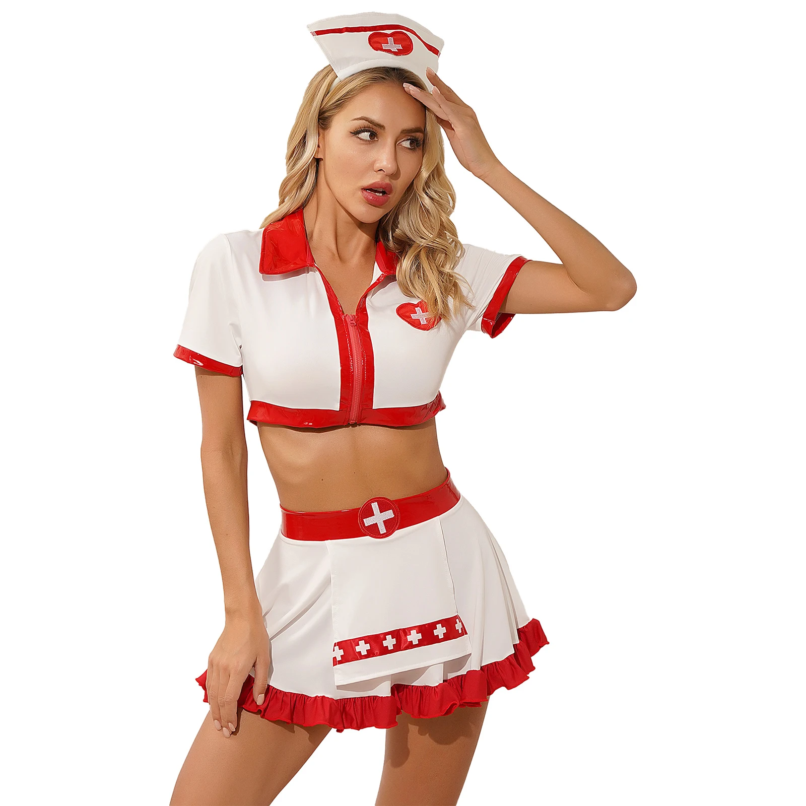 Womens Sexy Naughty Nurse Uniform Costume Halloween Party Cosplay Nightingale Short Sleeves Crop Tops with Ruffle Skirt Headband