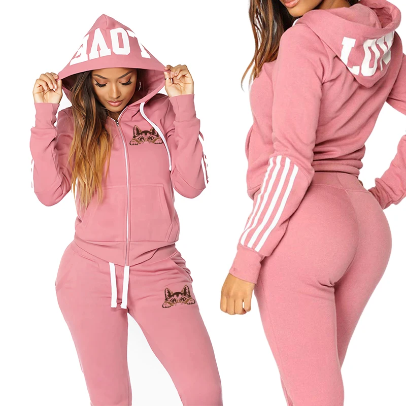 

Women's Tracksuit Zipper Hoodies Sweatpants Cute Cat Printed Sportswear All Season Casual Sports Jogging Suit Gym Sexy Outfits