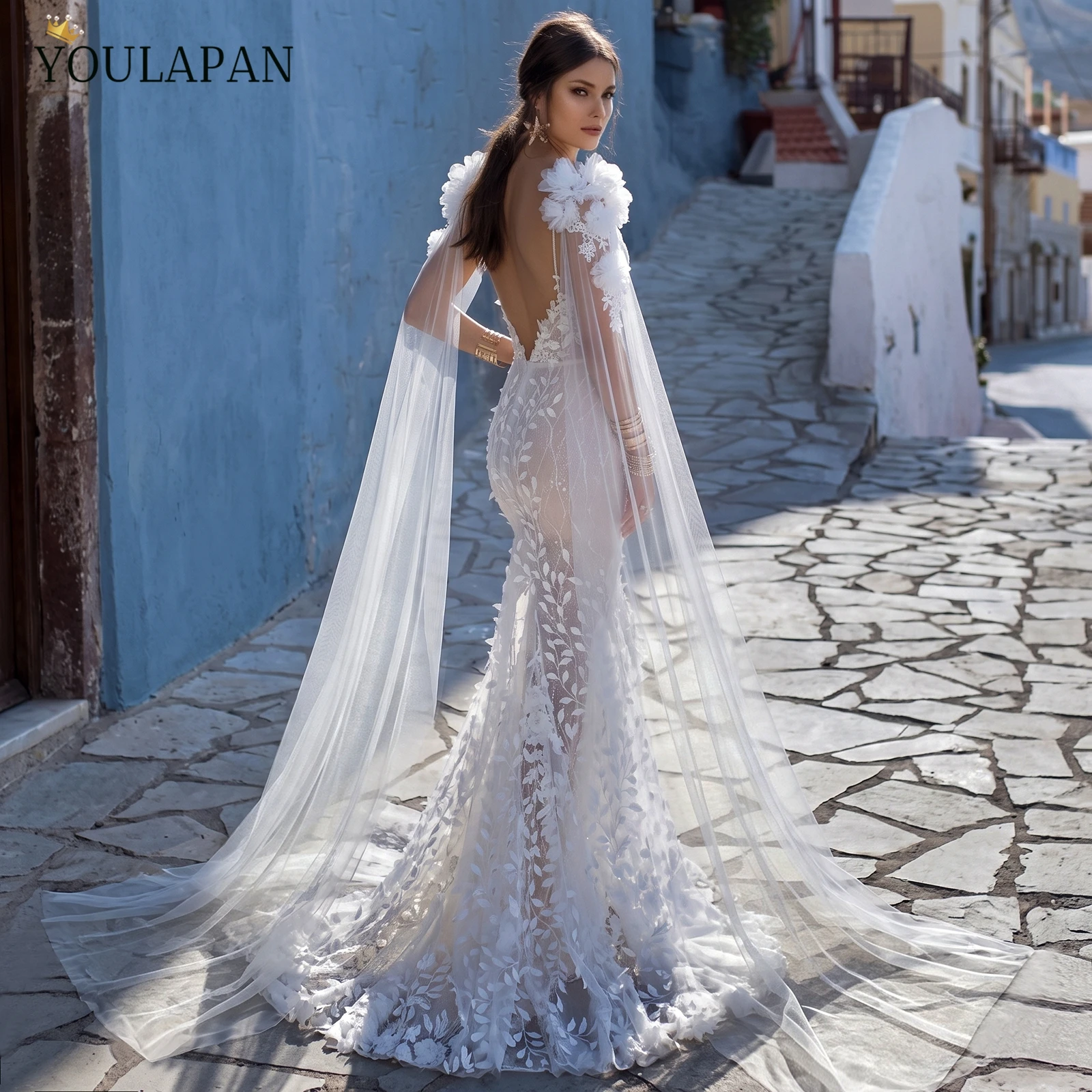 TOPQUEEN Lace Flower Long Flowing Shawl False Sleeves Capas De Mujer Elegantes Lujo Bruiloft Accessories Can Be Customized Vg118