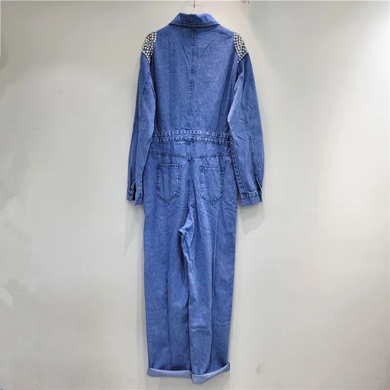 Barang Eropa 2024 Jumpsuit baru musim gugur Jumpsuit wanita kelas atas saku manik-manik pinggang ramping Denim dicuci Jumpsuit jalan Hipster