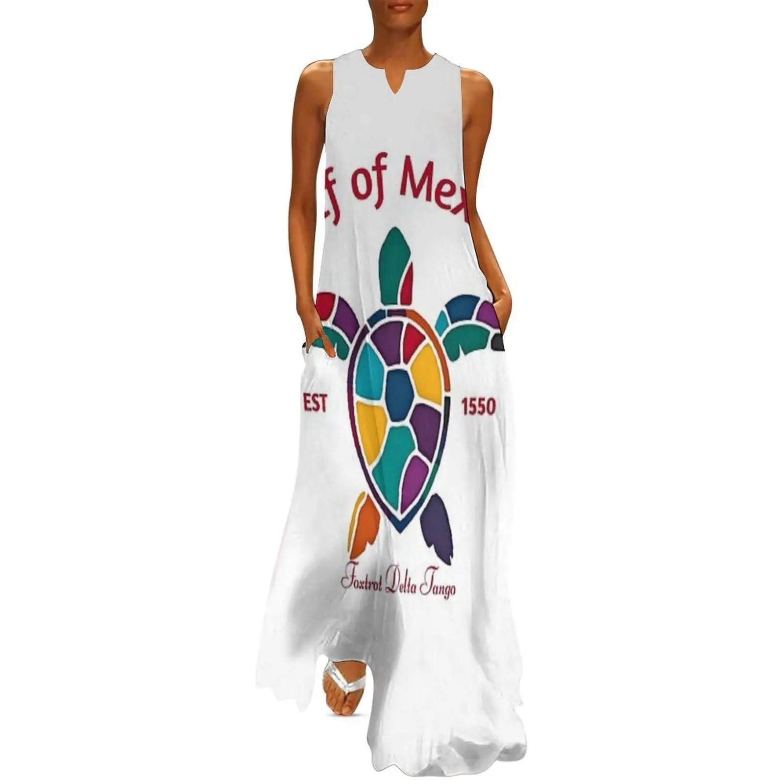 

Gulf of Mexico: Colorful Turtle Art, Foxtrot Delta Tango Message Long Dress luxury evening dress woman for wedding Dress vintage