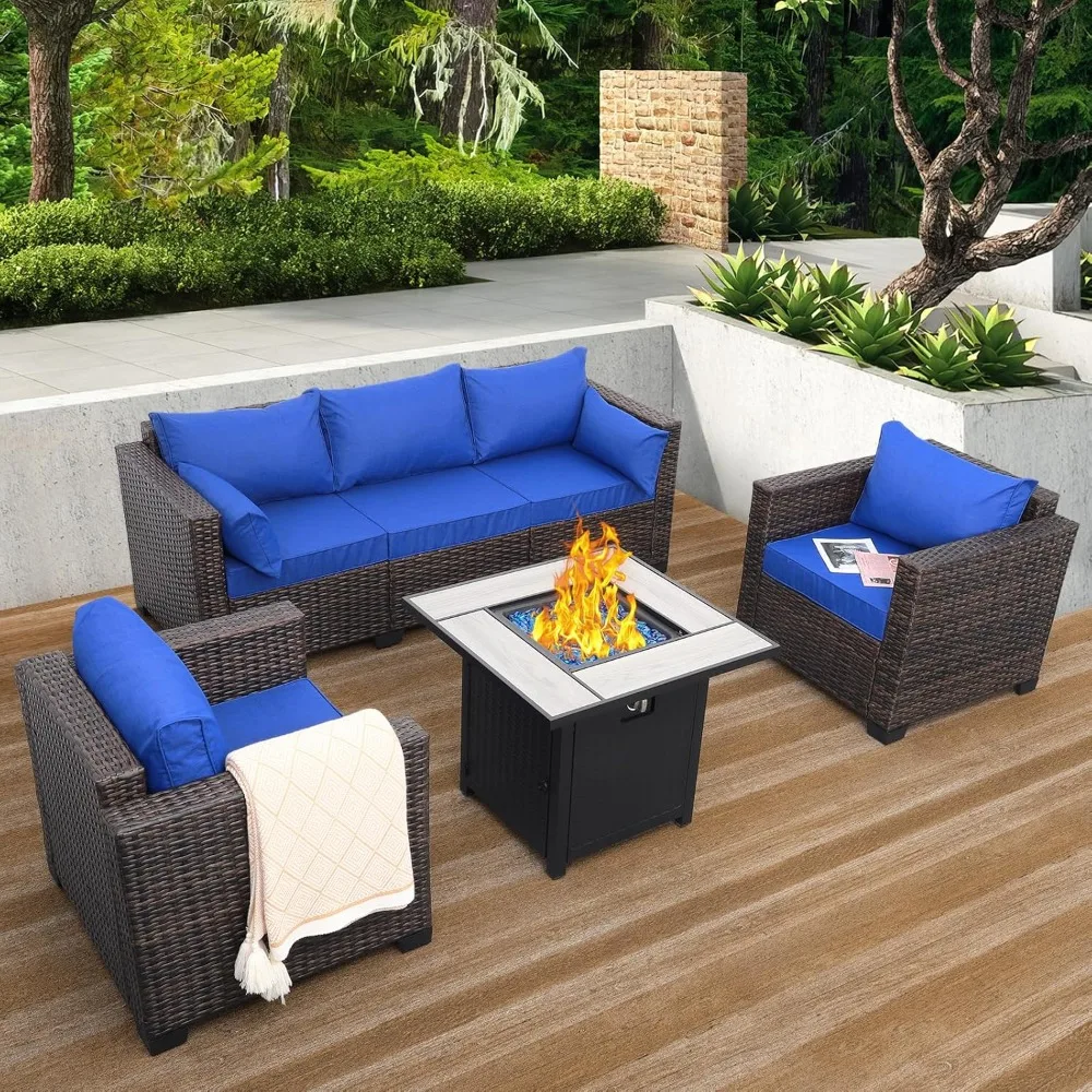 Garden Sofa, Set of 4, Rattan Sectional Sofa with Adjustable Fire Pit Table, Non-slip Washable Royal Cushions, Patio Sofa Set