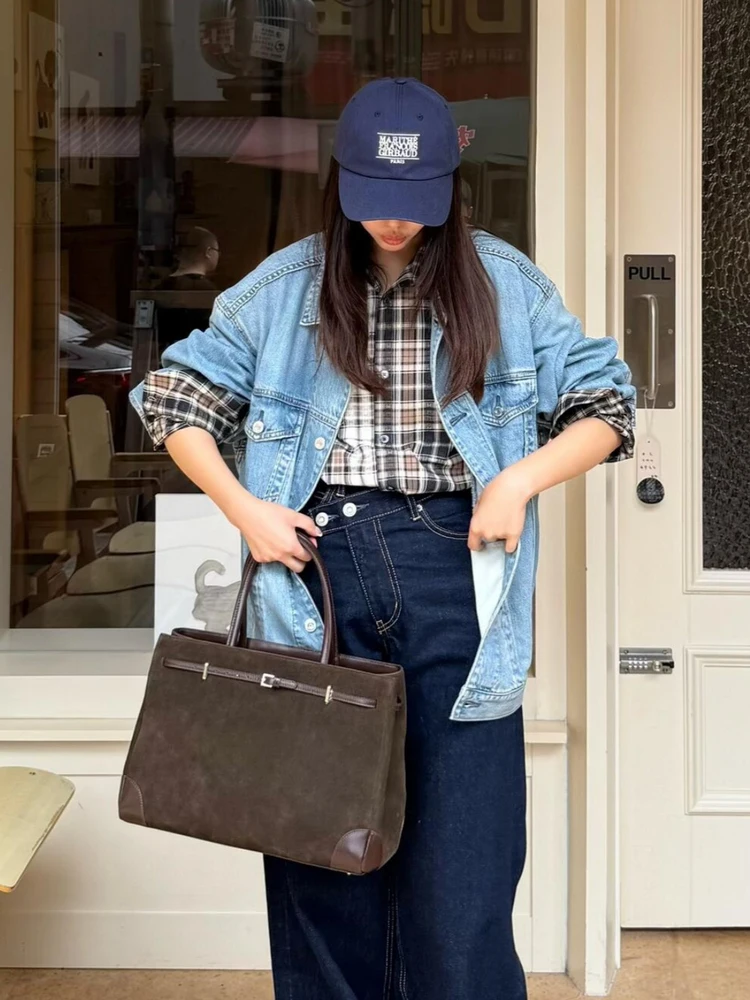 

Retro Suede Patchwork Tote Bag Large Capaci Commuter Women's oulder Handbag American Vintage Sle Soft Handle Polyester ...