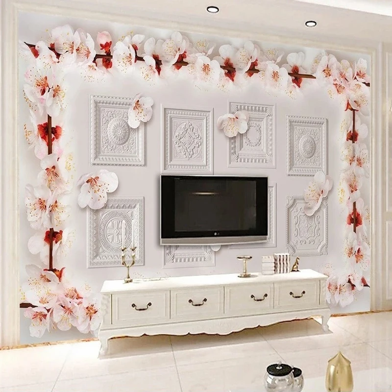 European Style Wallpaper 3D Gypsum Relief Cherry Blossom Photo Beige Mural Paper Living Room TV Background Wall Ceiling Decor