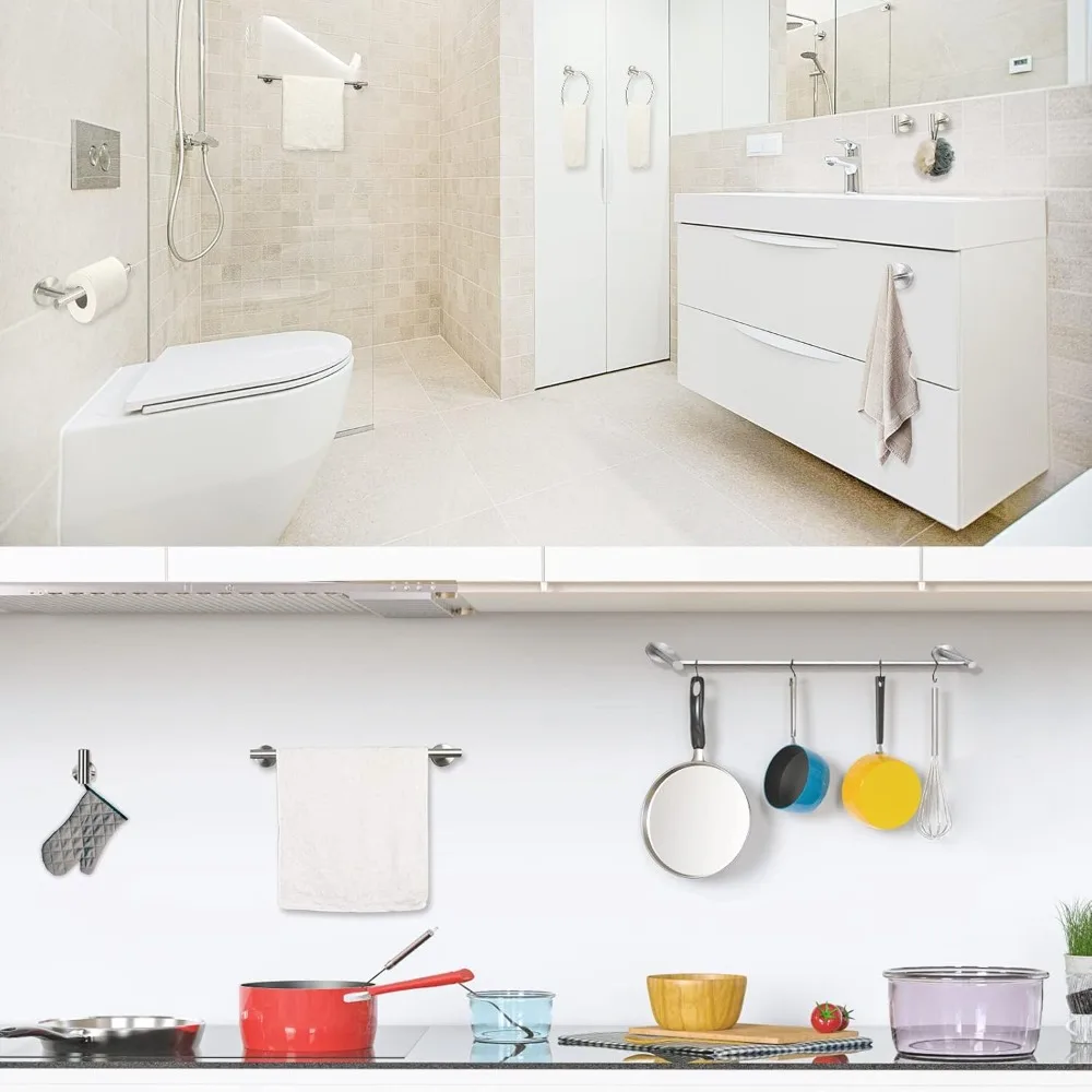 مجموعة إكسسوارات الحمام الحديثة المصنوعة من النيكل المصقول مقاس 24 بوصة مع شريط المناشف والحلقة وحامل ورق المرحاض وخطاف الرداء #6