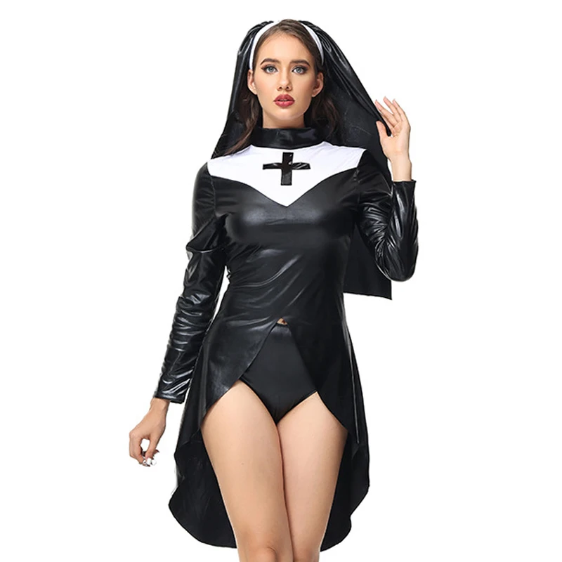 Slim Wetlook Latex Fancy Dress Costume for Cosplay, Role Play, Halloween Carnival& Gothic Steampunk Party - New Sister Nun Habit