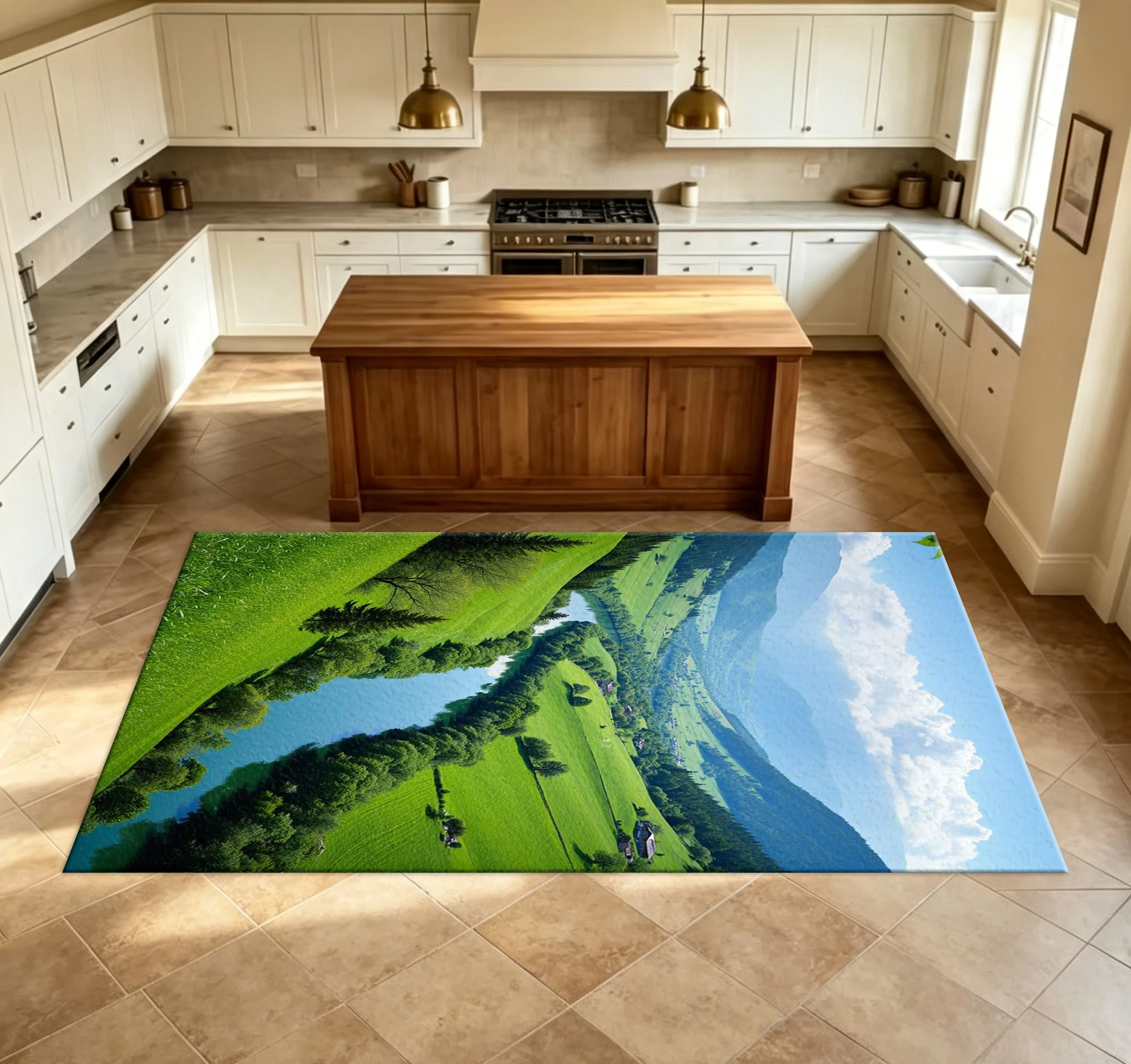 Green Valley River Country Carpet Floor Covering Fresh Mountain Country Natural Landscape Floor Carpet Suitable for Home Room Decoration