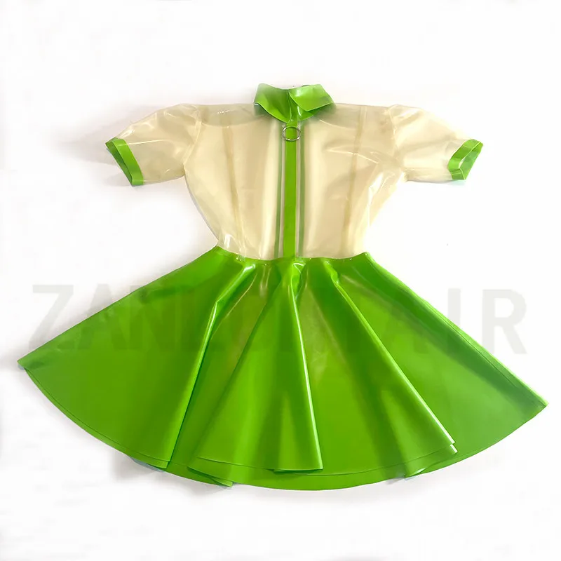 New Sexy Women Erotic Lingerie Transparent Spliced Light Green Handmade Latex Halloween Adult Dance Suit Pleated Dress Skirt
