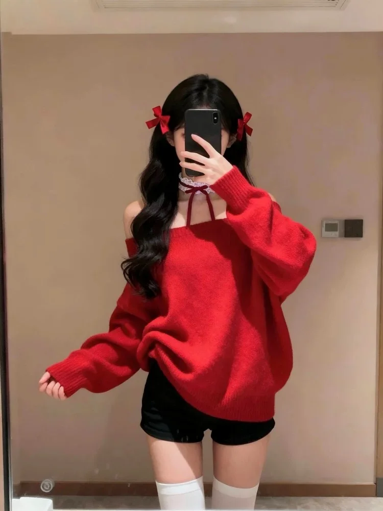 

Красный свитер Cisas большого размера, женский винтажный свитер на одно плечо, красивый белый улучшающий вязаный топ на осень-зиму