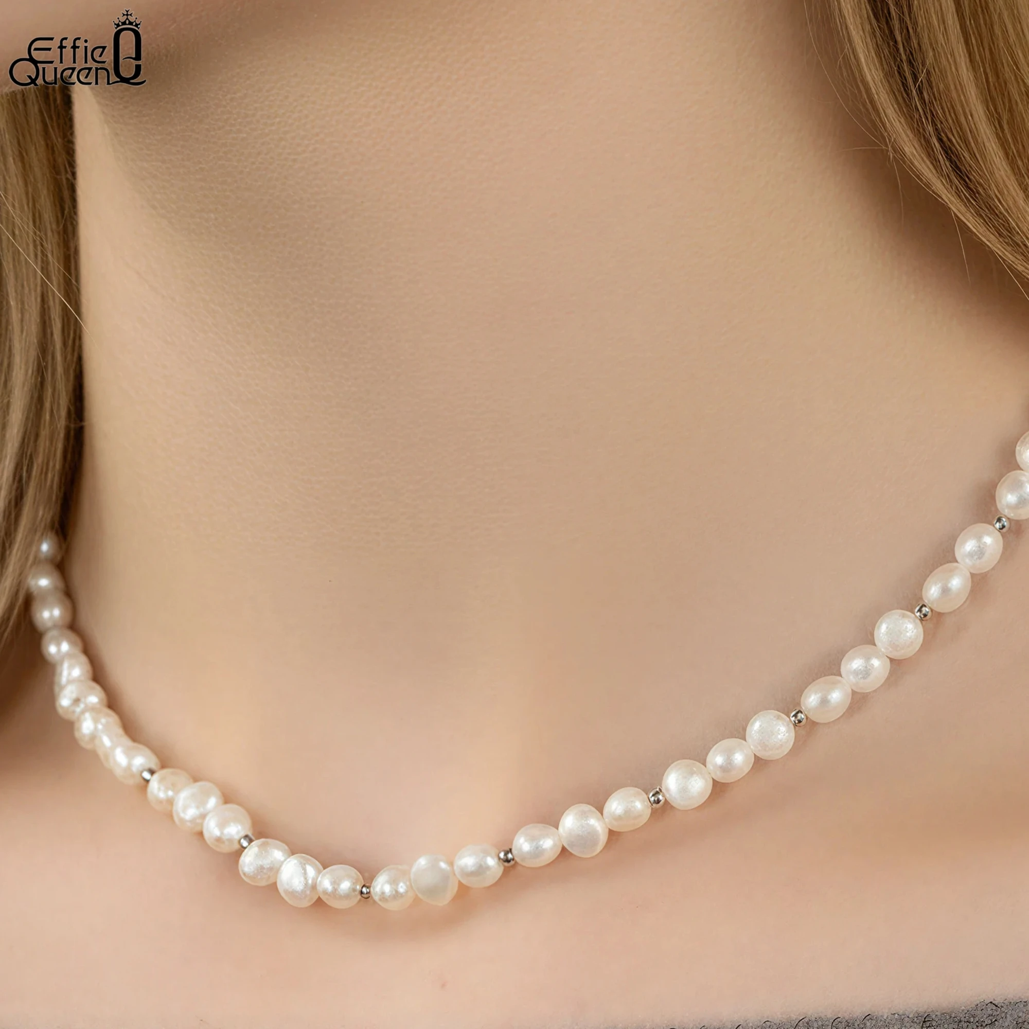 

EFFIE QUEEN 925 Pure Silver 14k Gold Oval Freshwater Pearl Beads Ball Chain Choker Necklace Natural Jewelry for Women Gift GPN94