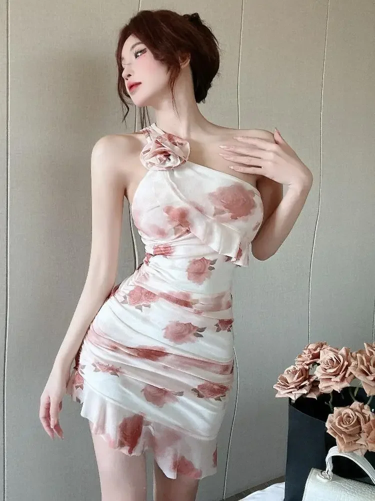 Ärmellose enge Damenkleider Rüschen kurze Mini-Korsett-Blume schulterfrei weibliches Kleid Slip Floral Sommerkleid figurbetont Y2k Kpop