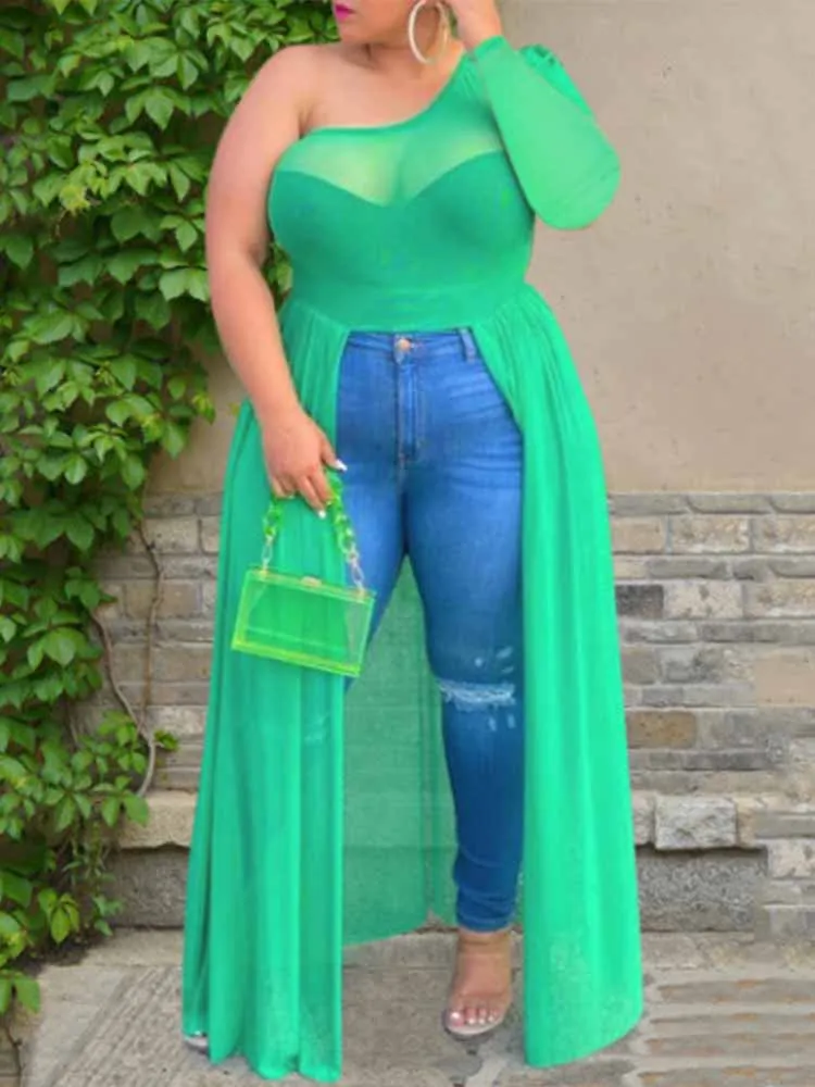 Plus Size Women Clothing Mesh Top One Shoulder Top Streetwear Transparent Sexy Long Blouse Dress Wholesale Bulk Dropshipping