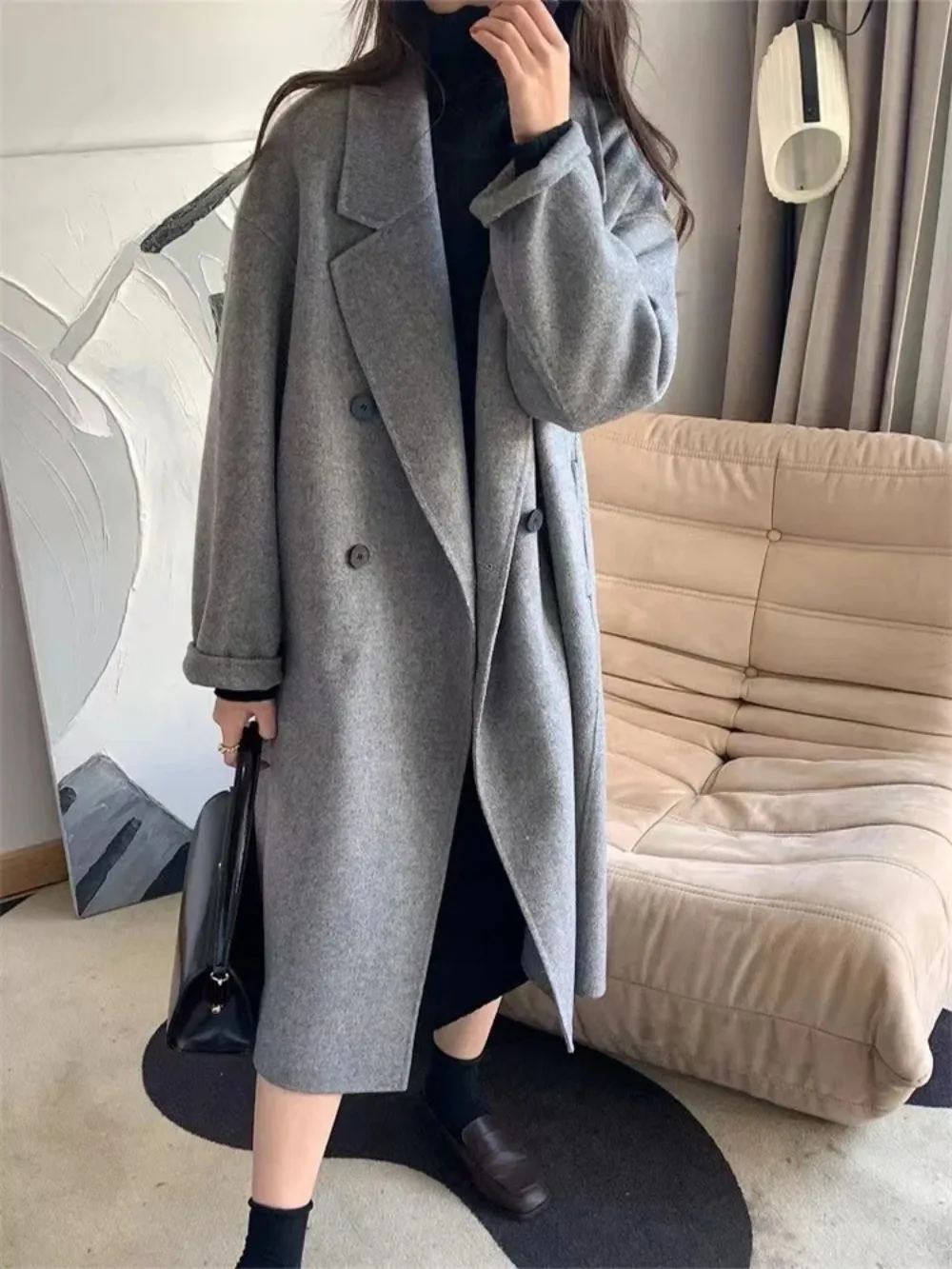 Autumn Winter Double-sided Wool Coat Women New Double-breasted Loose Simple Woolen Female Jacket Warm Wollen Long Coat Outerwear