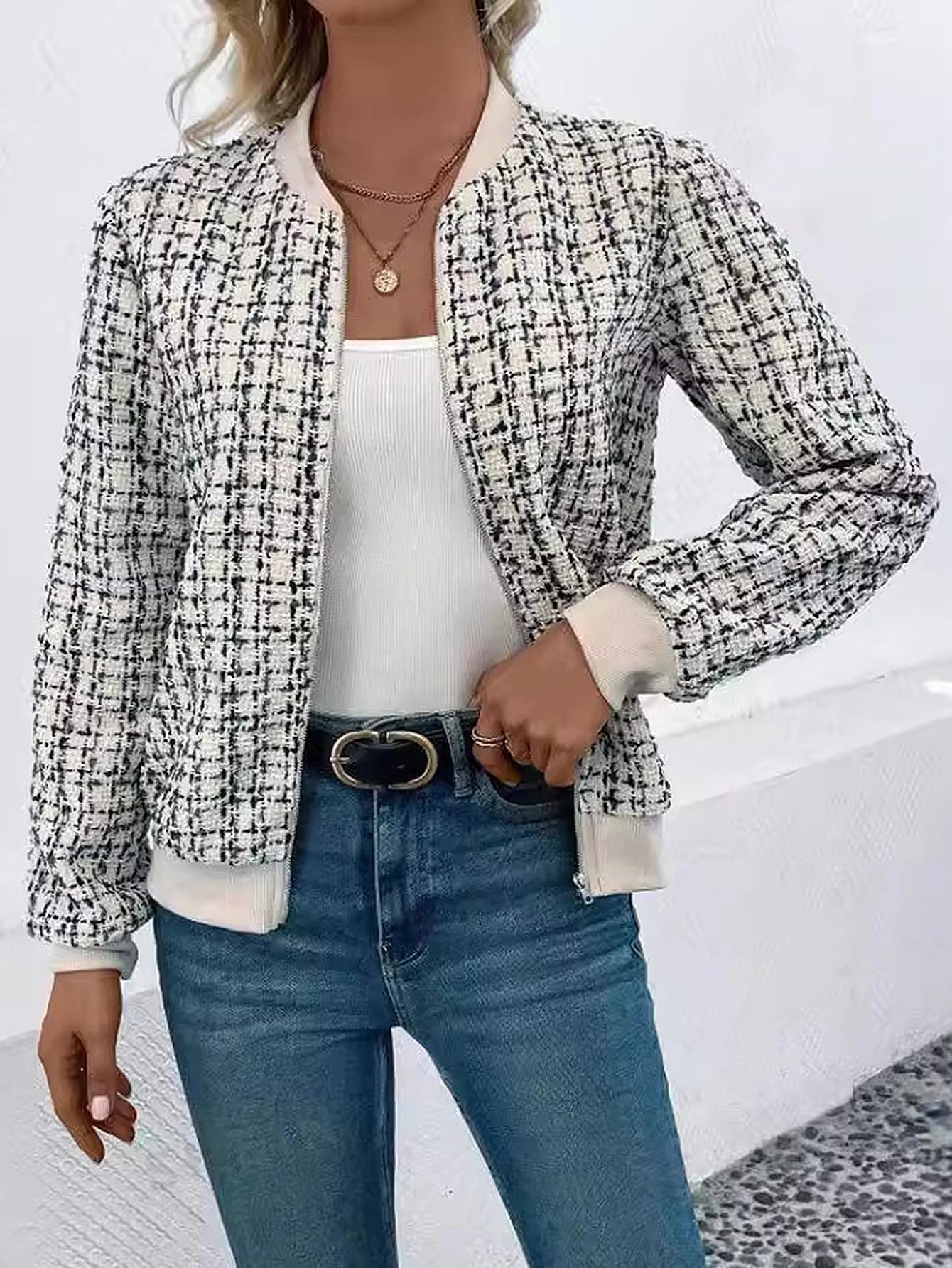 

Women's Lightweight Jackets Autumn Fashion Zippers Pockets Checked Geometric Skinny Fit Long Sleeve Crew Neck